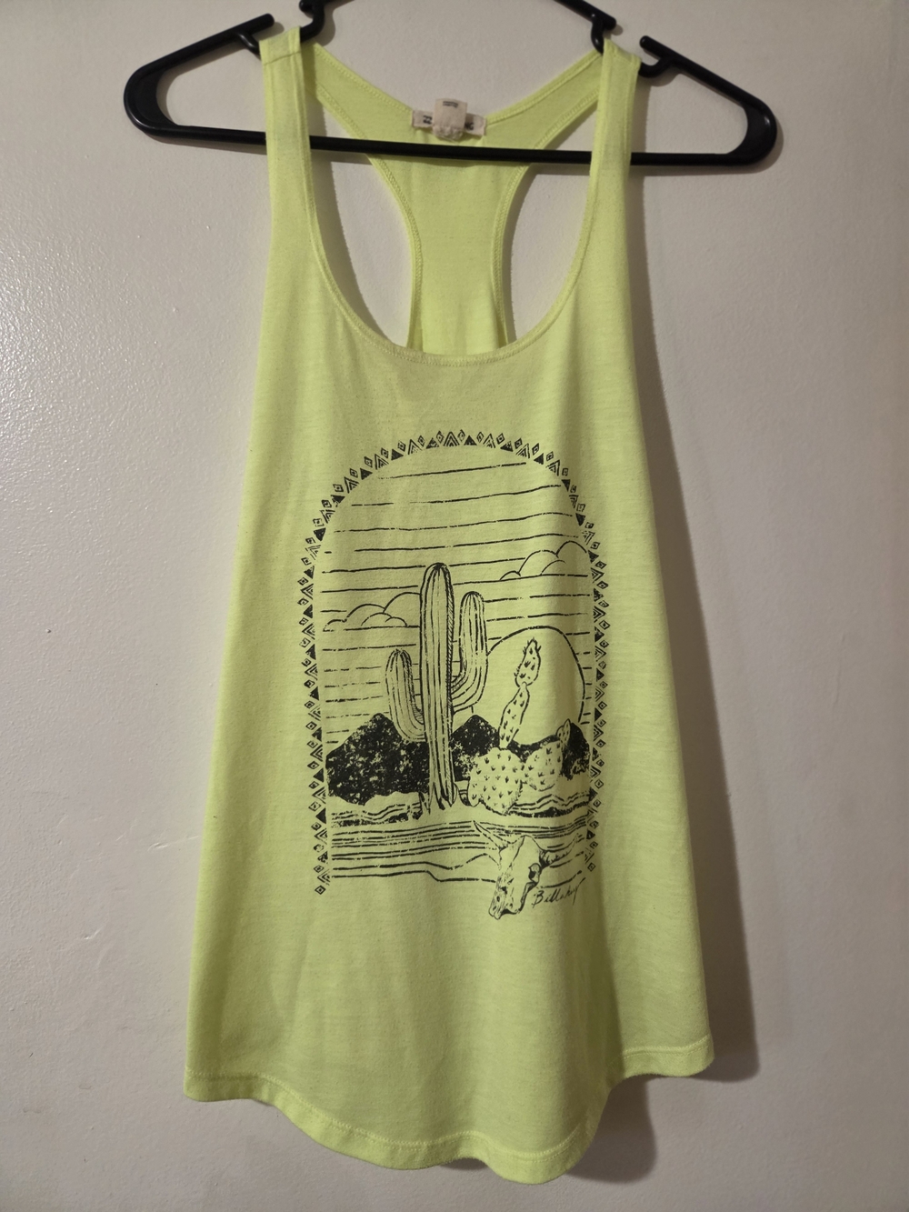 Billabong Neon Yellow Racerback Tank with Black Cactus Graphic
